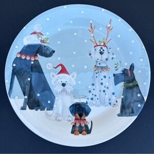 Pier One 1 Imports Christmas DOGS IN SNOW Luncheon Plate 8 3/4"